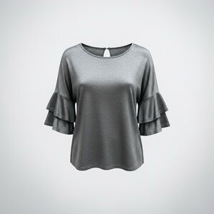 Love Black Gray Ruffle Sleeve V-Neck Top Size M